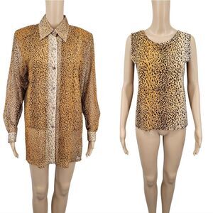 Vintage Leopard Print Sheer Mrsh Button Up Blouse and Tank Top Set